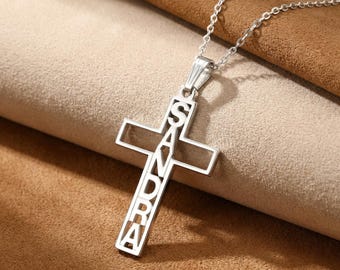 Custom Cross Necklace, Vertical Name Sterling Silver