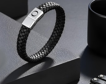 Black Braided Leather Initial Bracelet for Men