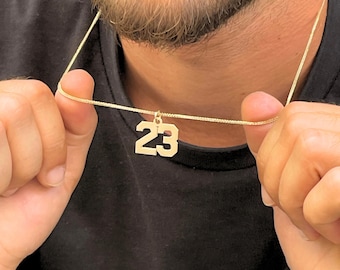 14K Gold Number Necklace - Sports Fan Gift for Him or Her - Real Yellow Gold Pendant with 2.5 grams Chain - Personalized Gift for Fathers