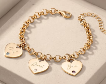 Personalized Mom Bracelet, Sterling Silver Heart Charms with Names & Birthstones