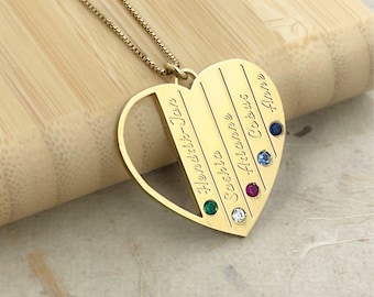 Mom Heart Necklace with Kids Names & Birthstones
