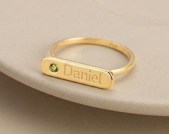 Custom Engraved Bar Name Ring with Birthstone
