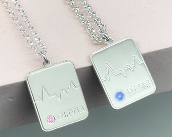 Handmade Jewelry - Birthstone Matching Name Tag Necklace Set - 925 Sterling Silver - Rolo Chain Couple Heart Bit Pendants - Valentines Day
