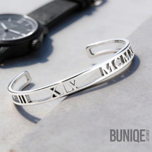 Custom Roman Numeral Bangle Bracelet, Sterling Silver 925 - Personalized Anniversary gift for Him