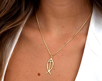 Ichthus Necklace, Jesus Fish Necklace with Cross, Sterling Silver