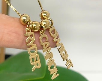 Mom Necklace with Kids Names - 925 Sterling Silver, 24K Gold Plated - 1 - 4 Vertical Dangling Pendants - Personalized Mothers Day Gift Idea