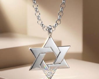 Sterling Silver Star of David Necklace, Clear Zircon Stone, Unisex Rolo Chain