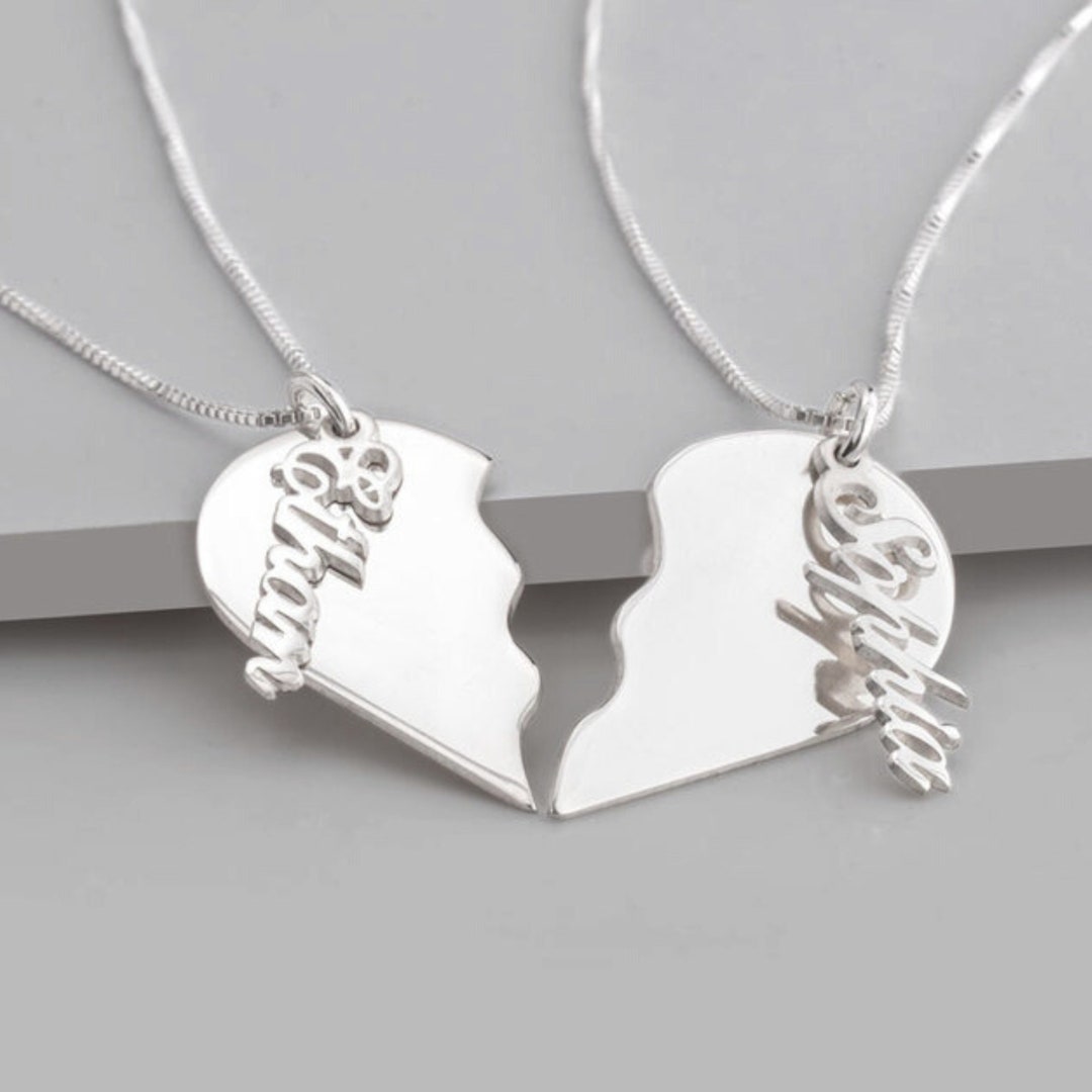Broken Heart Name Necklace Set of Two Personalized Matching Jewelry 925 Sterling Silver, 24K