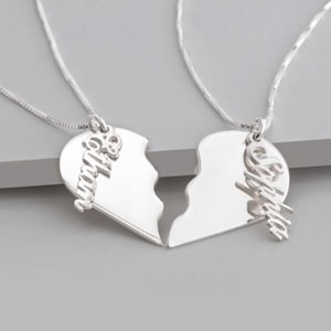 Broken Heart Name Necklace Set of Two - Personalized Matching Jewelry - 925 Sterling Silver, 24K Gold Plated - Best Friend Gift Idea
