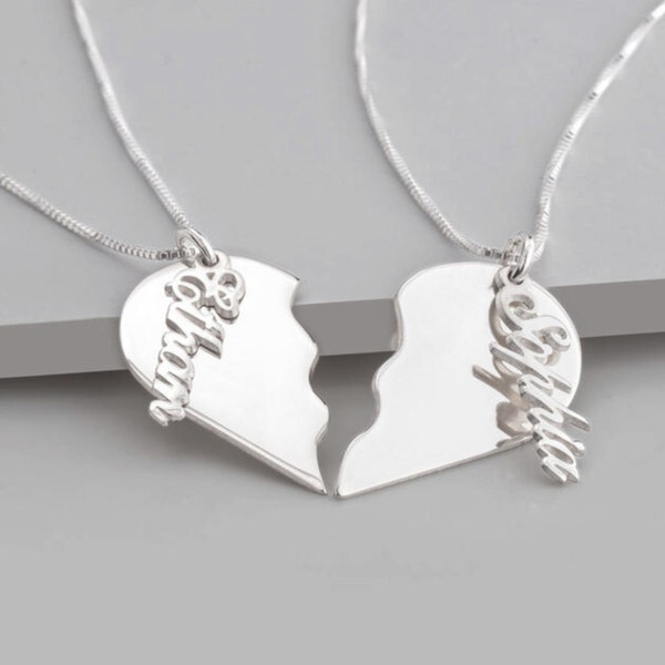 Lot de deux colliers prénom coeur brisé - Bijoux assortis personnalisés - Argent sterling 925, plaqué or 24 carats - Idée cadeau meilleur ami