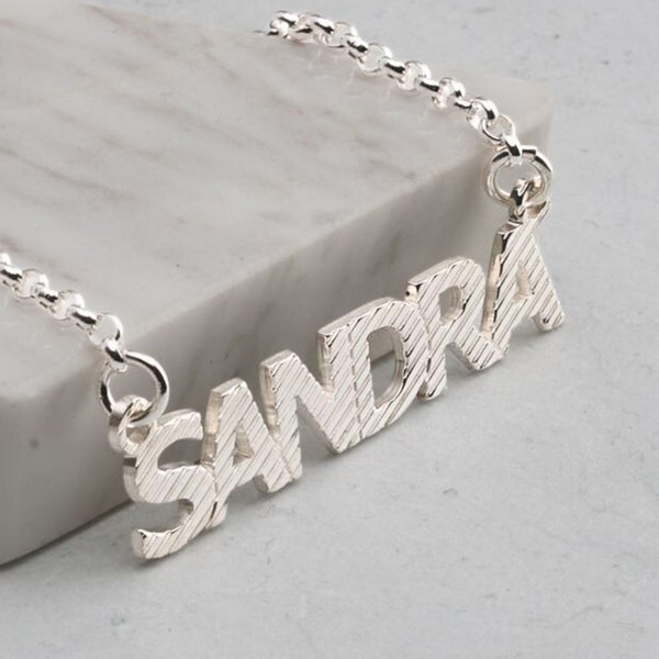 Unique Textured Nameplate Necklace Gift for Her - Sterling Silver 925 Custom Name Jewelry