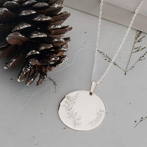 Personalized Sterling Silver Leaf Name Necklace: Engraved Coin Pendant