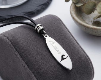 Personalized Surfboard Necklace, Sterling Silver Wave Pendant