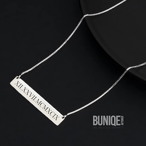 Engraved Horizontal Bar Necklace Sterling Silver - Roman Numeral Date, Name, Initials - Custom Name Jewelry Gift for Him or Her