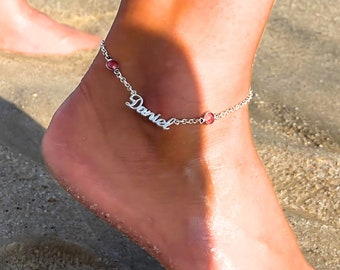 Custom Name Anklet with Two Birthstones