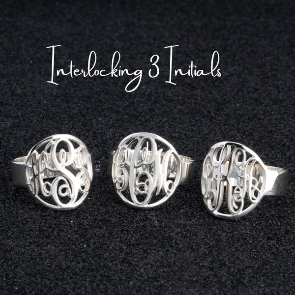 Monogram Ring Three Initials 925 Sterling Silver - Mothers Day Jewelry with Kids Intertwined Letters - Family Gift for Mom