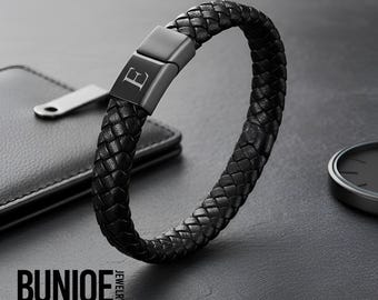 Mens Initial Bracelet Black Braided Leather Cuff