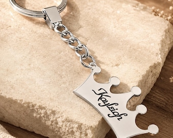 Custom Name Keychain, Sterling Silver Crown Key Chain