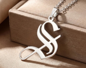 Large Initial Necklace Sterling Silver Old English Font