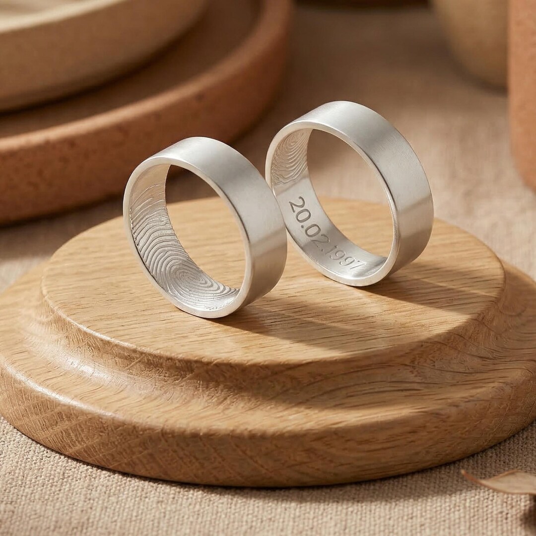 Couple Fingerprint Ring Set, Sterling Silver Wedding Bands ...