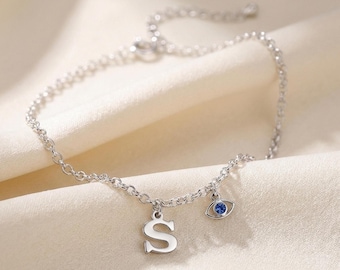 Evil Eye Anklet, Sterling Silver - Initial Charm Bracelet