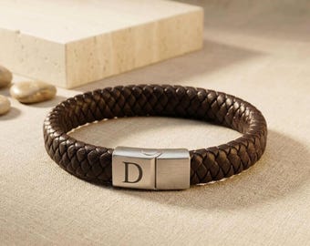 Men's Initial Bracelet Brown Braided Leather Cuff