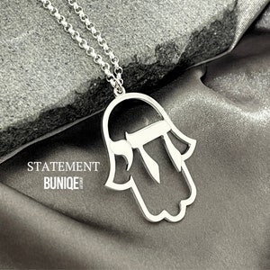 Collar grande de Hamsa con letras hebreas Chai en plata de ley - Joyería israelí - Regalo judío para hombre o mujer