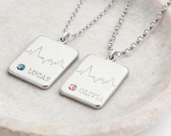 Matching Couple Necklace Set - Sterling Silver Engraved Dog Tag Name & Birthstone