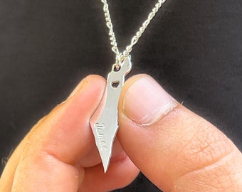 Engraved Israel Map Necklace with Hebrew Name & Cut Out Heart