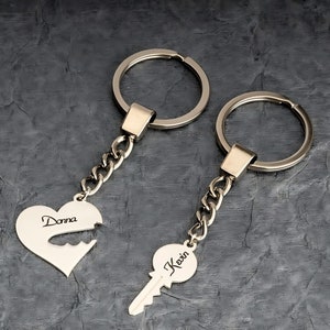 Sterling Silver Couple Keychain Set: Laser Engraved Heart & Key Puzzle