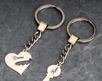 Engraved Heart & Key Puzzle Keychain Set, Sterling Silver