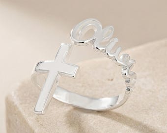 Personalized Cross Name Ring for Women - Custom Christian Gift