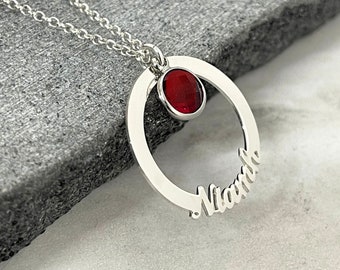 Circle Name Necklace with Birthstone - 925 Sterling Silver - Round Nameplate Pendant - Valentines Day Gift for Mom