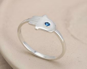 Birthstone Hamsa Ring Sterling Silver - Evil Eye Protection Jewelry