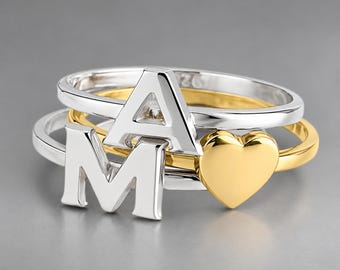 Stackable Initial Ring Set, Sterling Silver Name Ring, Delicate Initial Stacking Rings, Personalized Letter Jewelry