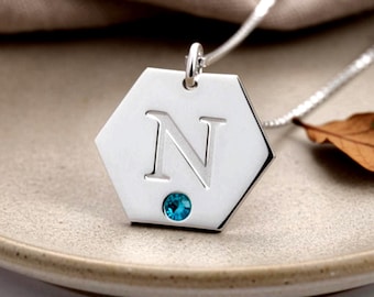 Birthstone Initial Necklace, Sterling Silver
