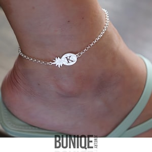 Pineapple Initial Anklet for Women - Sterling Silver Rolo Chain Ankle Bracelet - Summer Beachy Jewelry Gift for Her