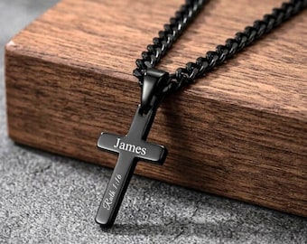 Personalized Cross Necklace, Black Stainless Steel