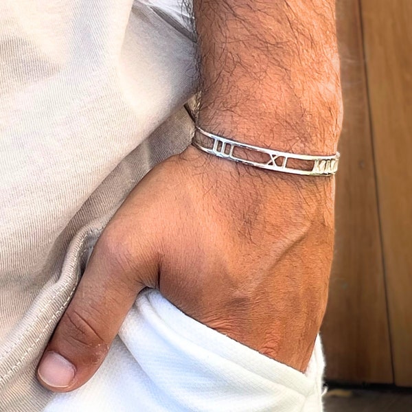 Roman Numeral Cuff Bracelet - Men & Women - Sterling Silver Adjustable Bangle - Open Bangle - Custom Anniversary Date Gift - Xmas Present
