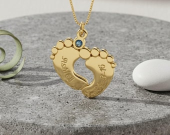 Engraved Baby Feet Necklace with Birthstone