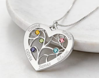Tree of Life Heart Mom Necklace, Names & Birthstones, Personalized Sterling Silver