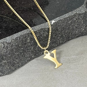 14k Gold Initial Necklace: Tiny Letter Pendant, Solid Gold Box Chain