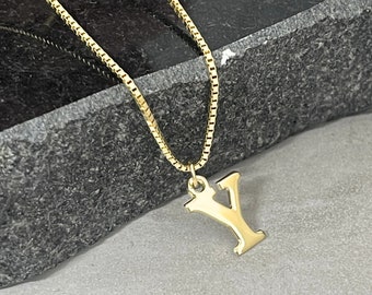 14k Gold Chain Necklace - Tiny Initial Pendant & 2grams Box Chain - Solid Gold Handmade Jewelry - Personalized Gift for Her