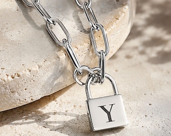 Engraved Padlock Necklace, Custom Initial Pendant, Paperclip Chain