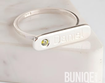 Custom Engraved Bar Ring with Birthstone, Sterling Silver