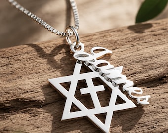 Cross Star of David Name Necklace Two Pendants, Sterling Silver