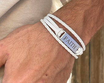 Braided Leather Cuff Bracelet - Black or White - Engraved Silver Bar Bracelet - Custom Engraving Secret Message - Personalized Gift for Dad