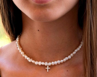 Pearls Choker Necklace with Tiny Cross Pendant-925 Sterling Silver Gothic Cross Choker Necklace-Natural Freshwater Beads Jewelry for Women-