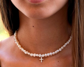 Orthodox Cross Pearl Choker Necklace