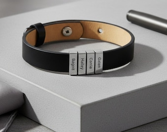 Personalized Leather Bracelet for Dad – Engraved Family Name Gift